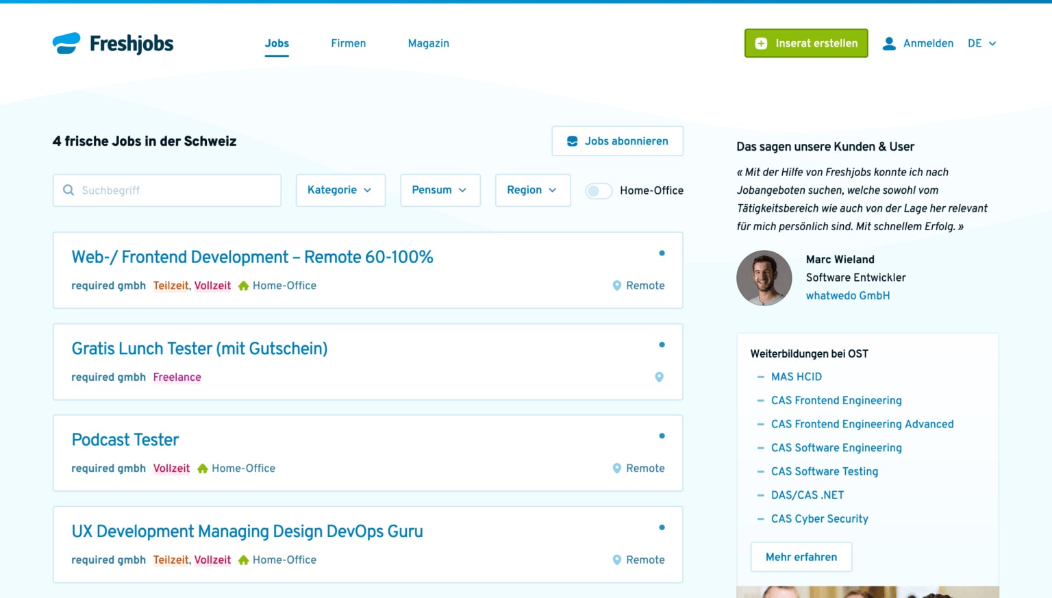 Ein Screenshot der Freshjobs Startseite nach dem Redesign im 2023. Luftiger und freundlicher.