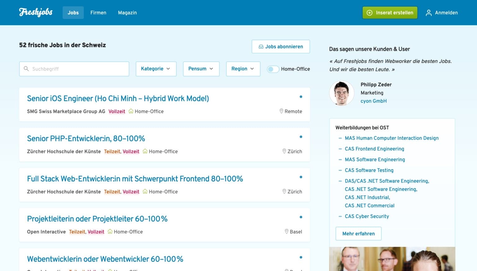 Ein Screenshot der Freshjobs Startseite vor dem Redesign im 2023