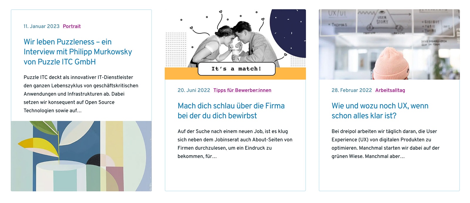 An excerpt from the Freshjobs magazine with 3 article tiles.