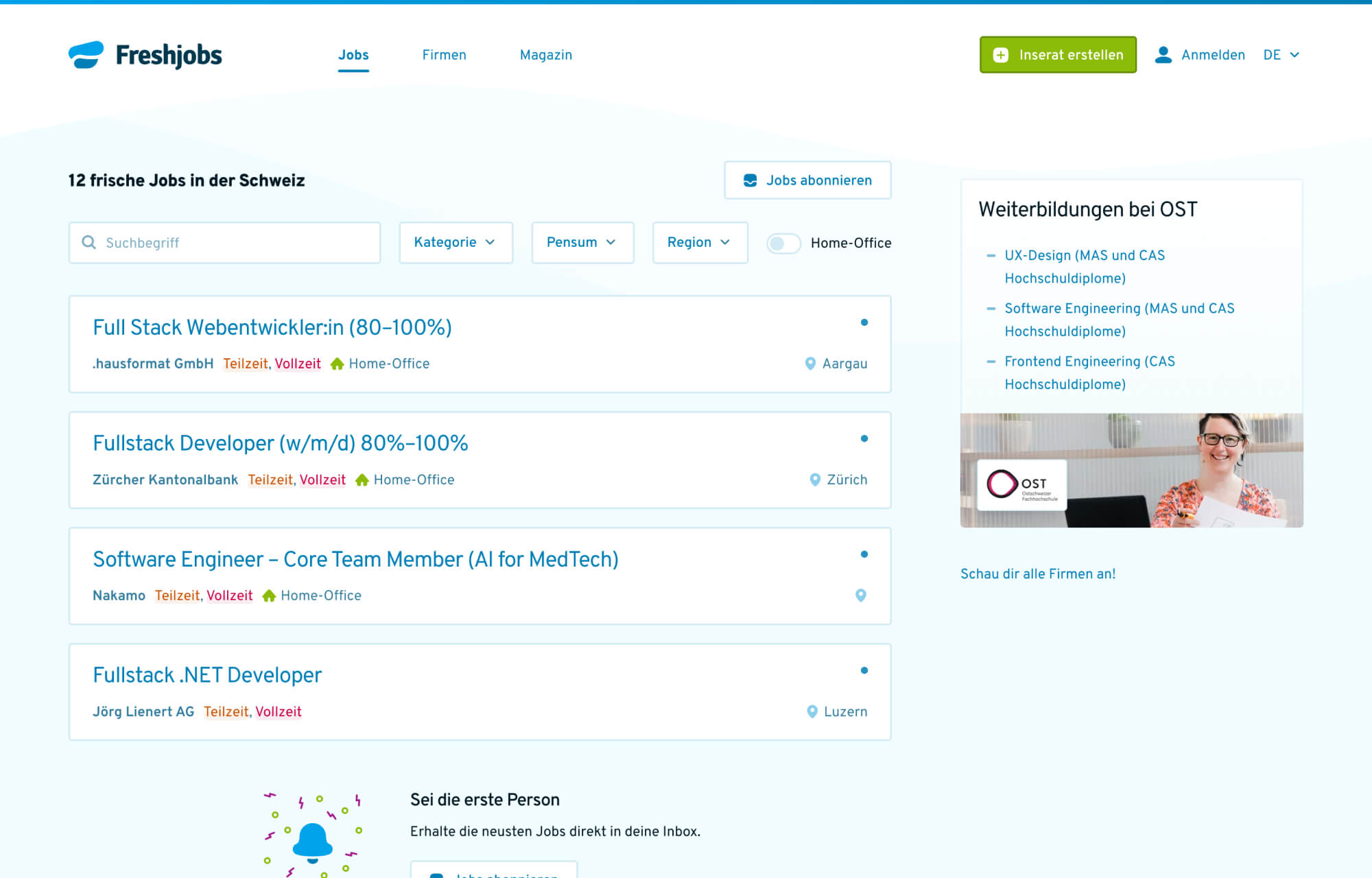 Die Freshjobs Startseite mit der Liste von Jobs auf einem Laptop