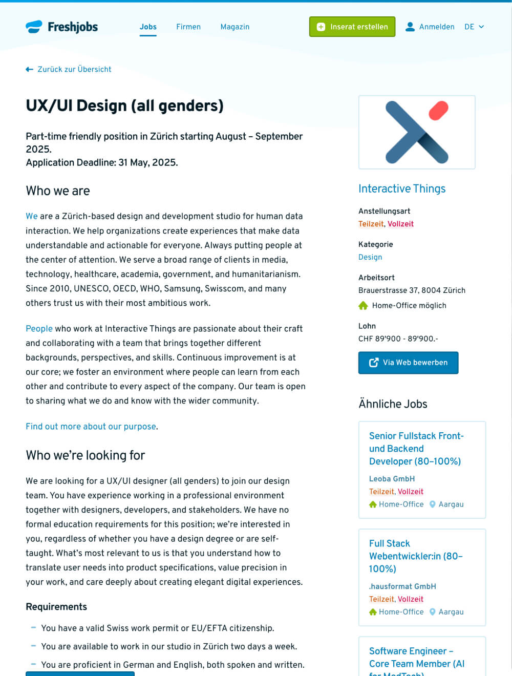 A job advertisement from Freshjobs on a tablet