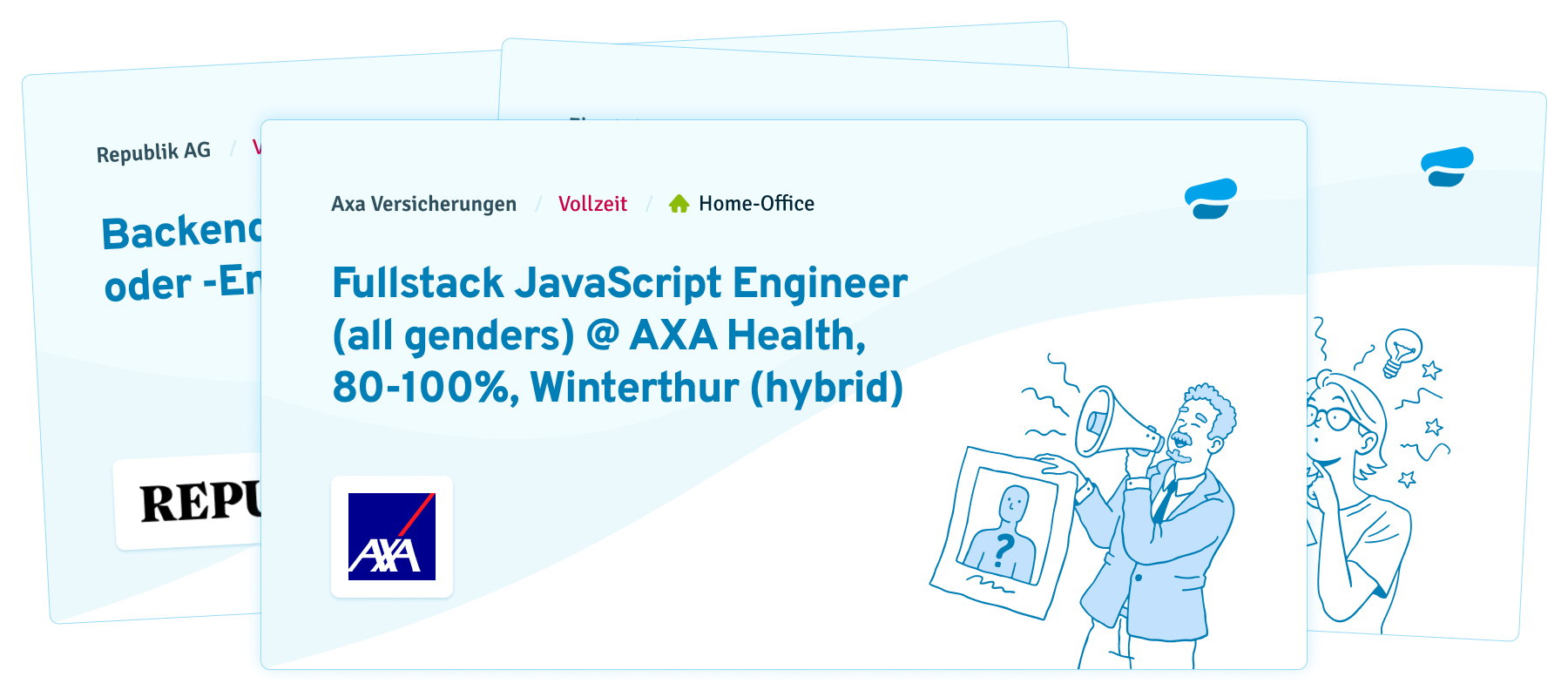 Ein Social Media Vorschaubild mit einem Job von Axa. Der Jobtitel lautet: Fullstack JavaScript Engineer (all genders) @ AXA Health, 80-100%, Winterthur (hybrid)