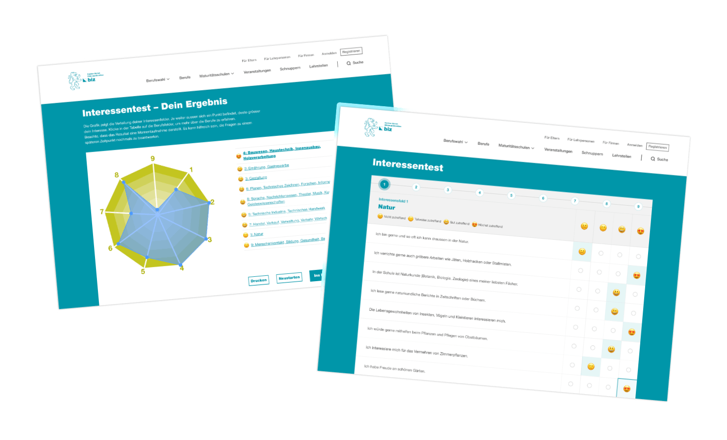 Two screens of the interest test showing questions and a spider chart result. Students see which occupational fields match their interests.