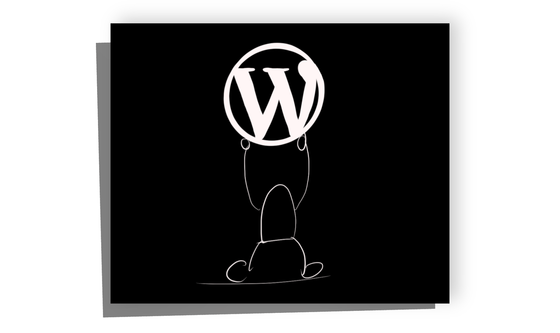 Schlichte Strichzeichnung einer Figur ohne Kopf, die ein grosses WordPress-Logo über sich trägt – symbolisch für ein Headless-WordPress-System.