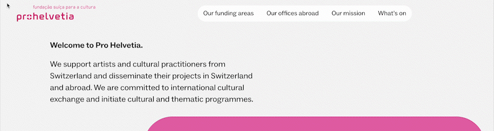 An animation showing a zoom-in on the Pro Helvetia website logo.
