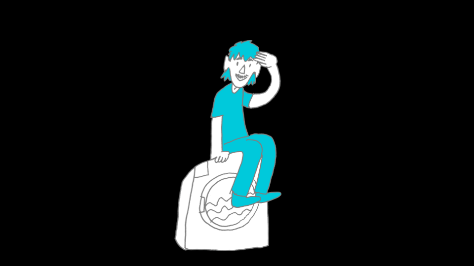 An illustration of a man smiling and sitting on a washing machine.