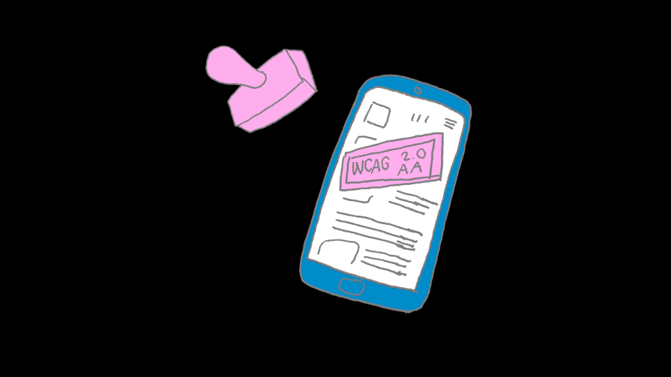 Eine Illustration eines Stempels, der eine Website auf einem Mobiltelefon mit «WCAG 2.0 AA» kennzeichnet.
