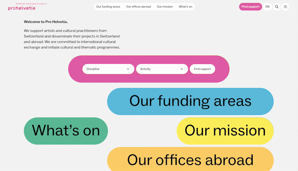 An animation showing the opening of the search modal and then a zoom-in on the search button with a magnifying glass icon.