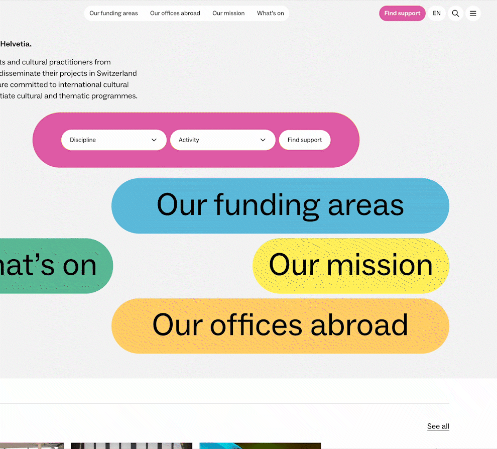 An animation showing the opening of the search modal and then a zoom-in on buttons with search suggestions labelled "Suggestions".