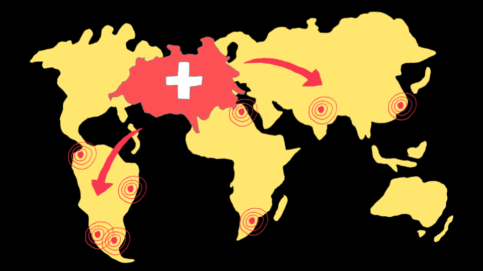 An illustration of Switzerland superimposed over a map of the world. Arrows are pointing away from Switzerland to points in South America, Africa and Asia.