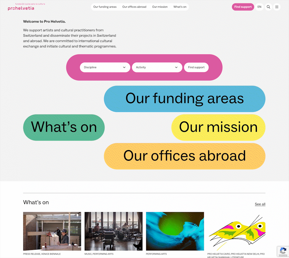 Eine Animation, die einen Zoom auf den Text «Pro Helvetia, Schweizer Kulturstiftung» im Footer zeigt.