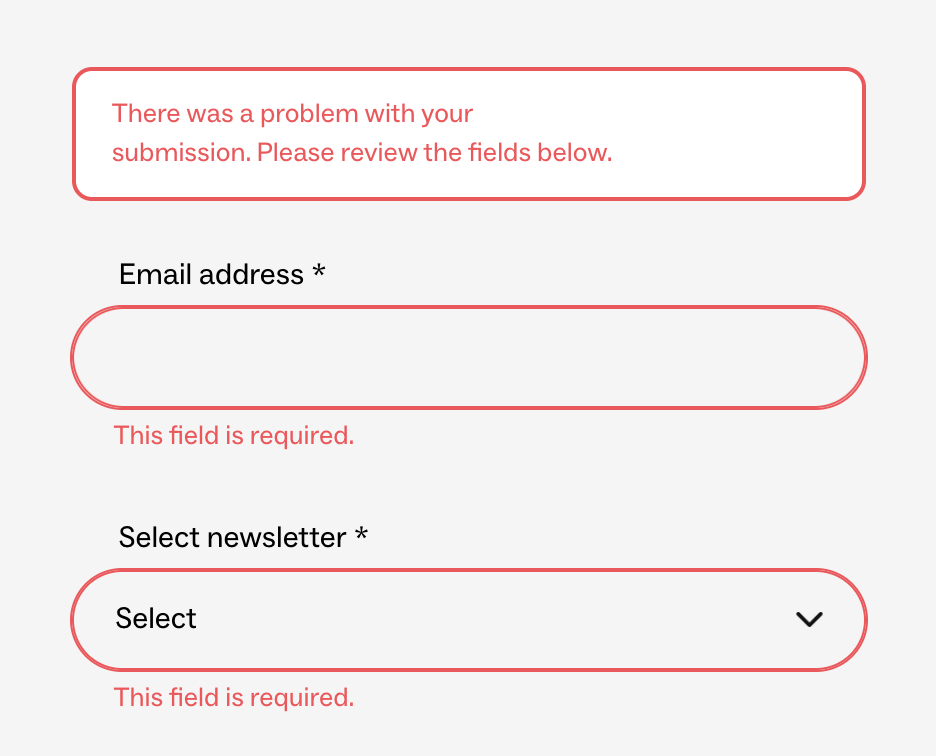 A screenshot of a newsletter registration form with bright red text as error messages.