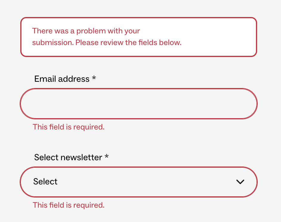 A screenshot of a newsletter registration form with dark red text as error messages.