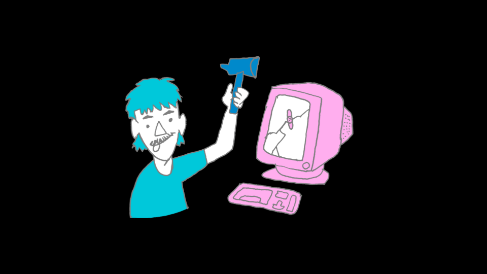 An illustration of a man smiling funnily while hitting an old computer with a hammer.