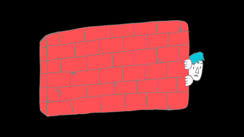 An illustration of a man hiding behind a brick wall.