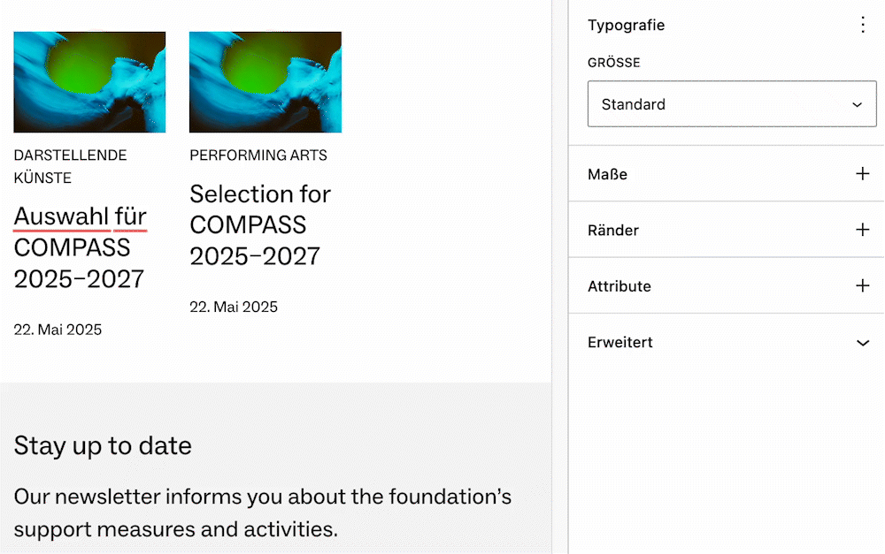 Eine Animation, die zeigt, wie eine Überschrift im WordPress-Blockeditor von h3 auf h2 geändert wird. Anschließend wird die Schriftgröße auf Extra-Gross gesetzt.