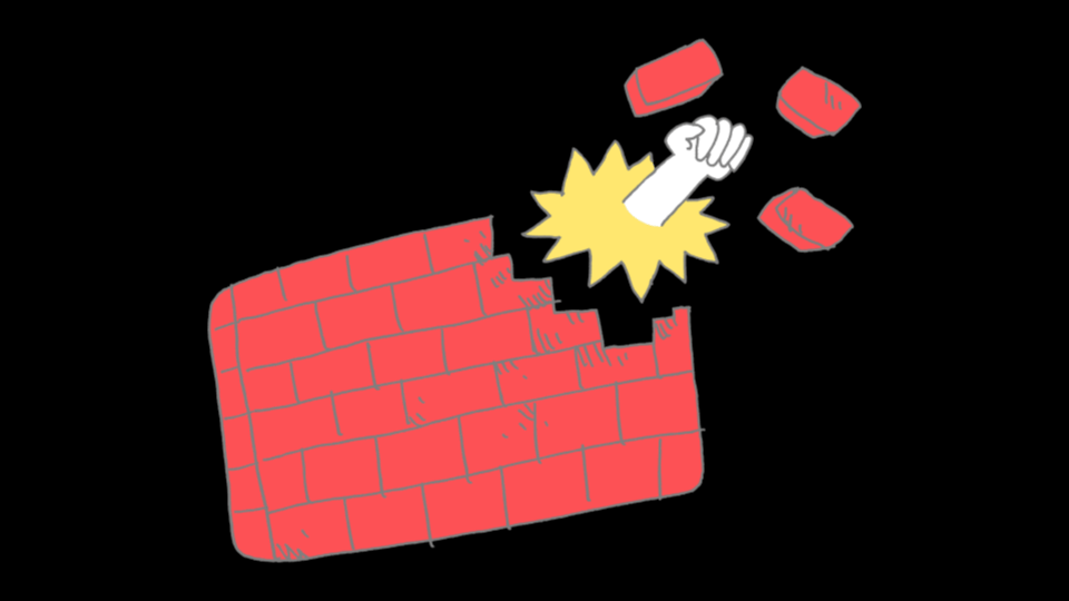An illustration of a hand punching through a brick wall.