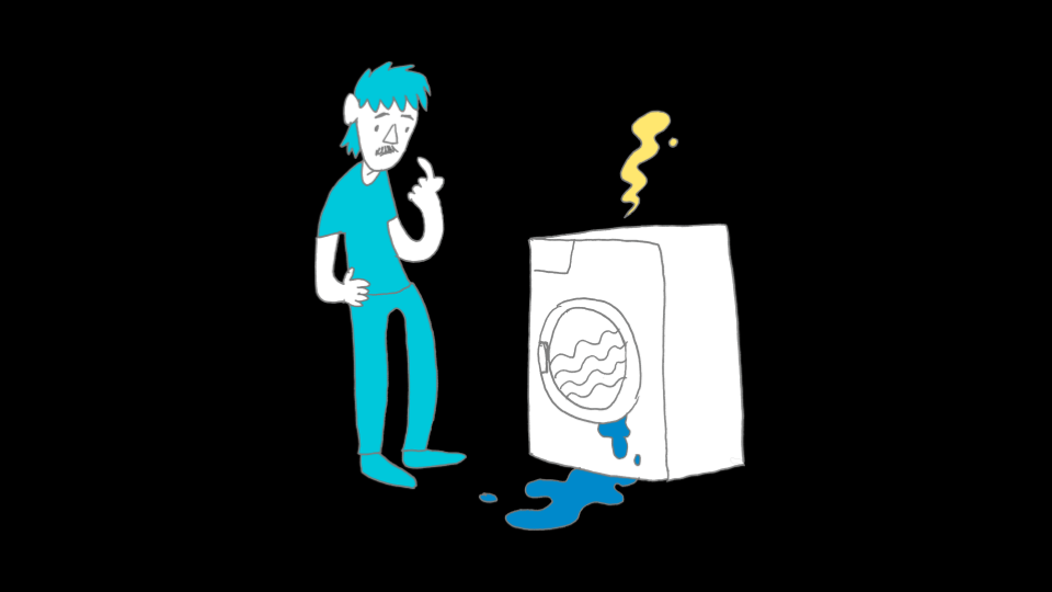 An illustration of a man looking worriedly at a broken washing machine.