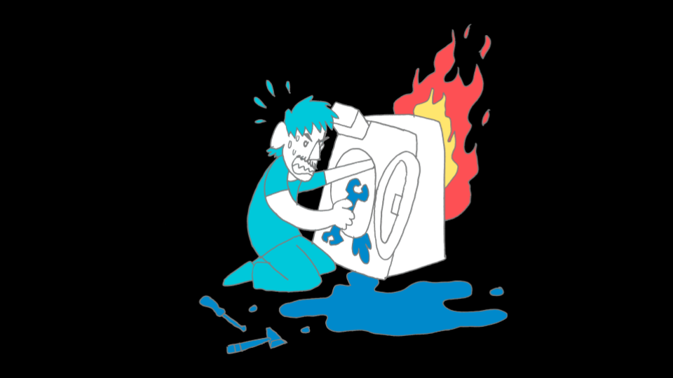 Eine Illustration eines Mannes, der verzweifelt versucht, eine brennende Waschmaschine zu reparieren.