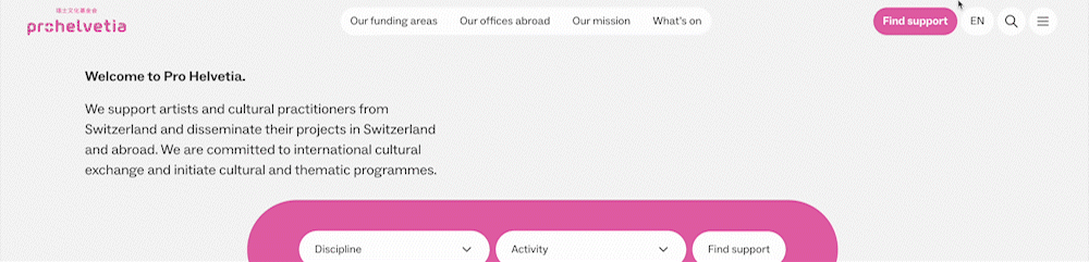 An animation showing a zoom-in on the "Find support" Call-To-Action button in the main navigation.