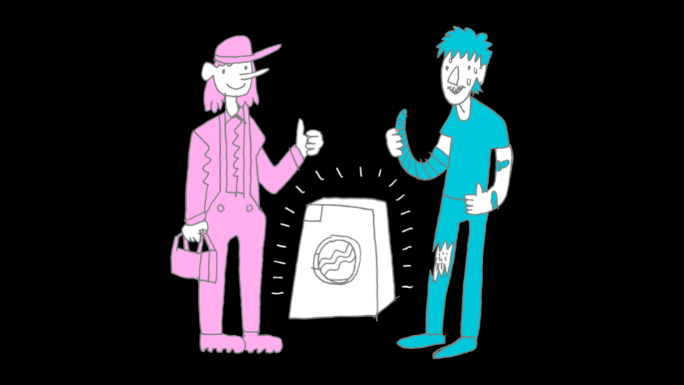Eine Illustration eines Mannes, der einer Person den hochgestreckten Daumen zeigt, welche eine Waschmaschine im Hintergrund repariert hat.