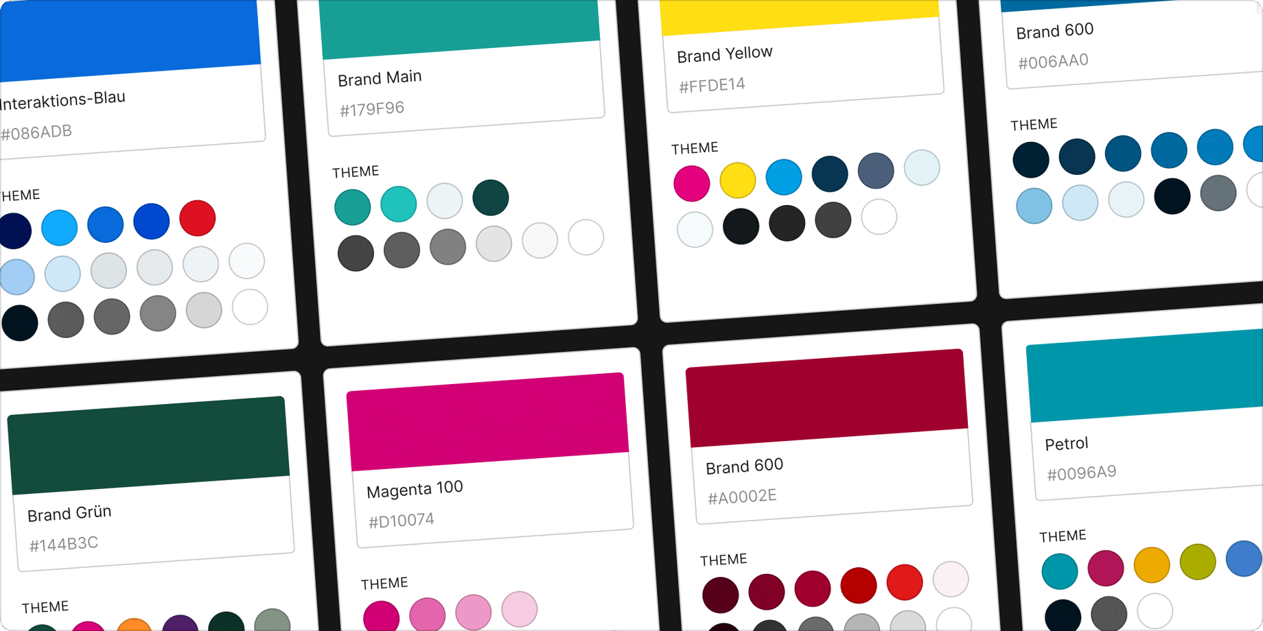 Mehrere Farbpalette unserer Kunden-Projekten im Block-Editor. Man sieht kleine, runde Farbkreise und oberhalb die ausgewählte Haupt-Farbe.