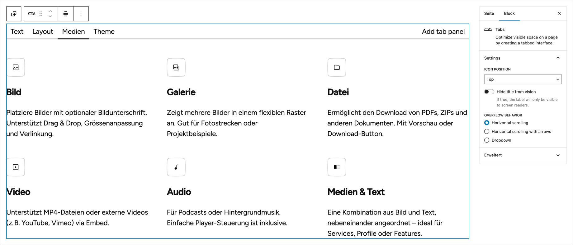 Ein Screenshot eines WordPress Blockes mit Tab Funktionalität