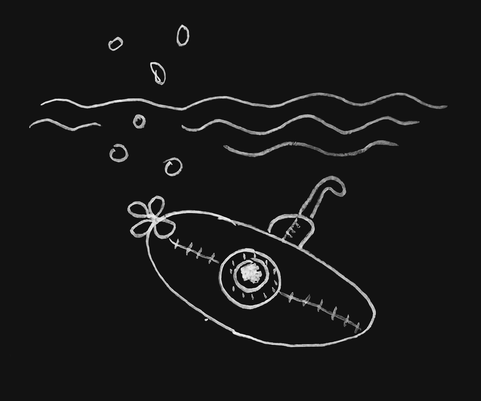 Eine Weiss-auf-Schwarz-Zeichnung eines U-Boots, das gerade untertaucht.