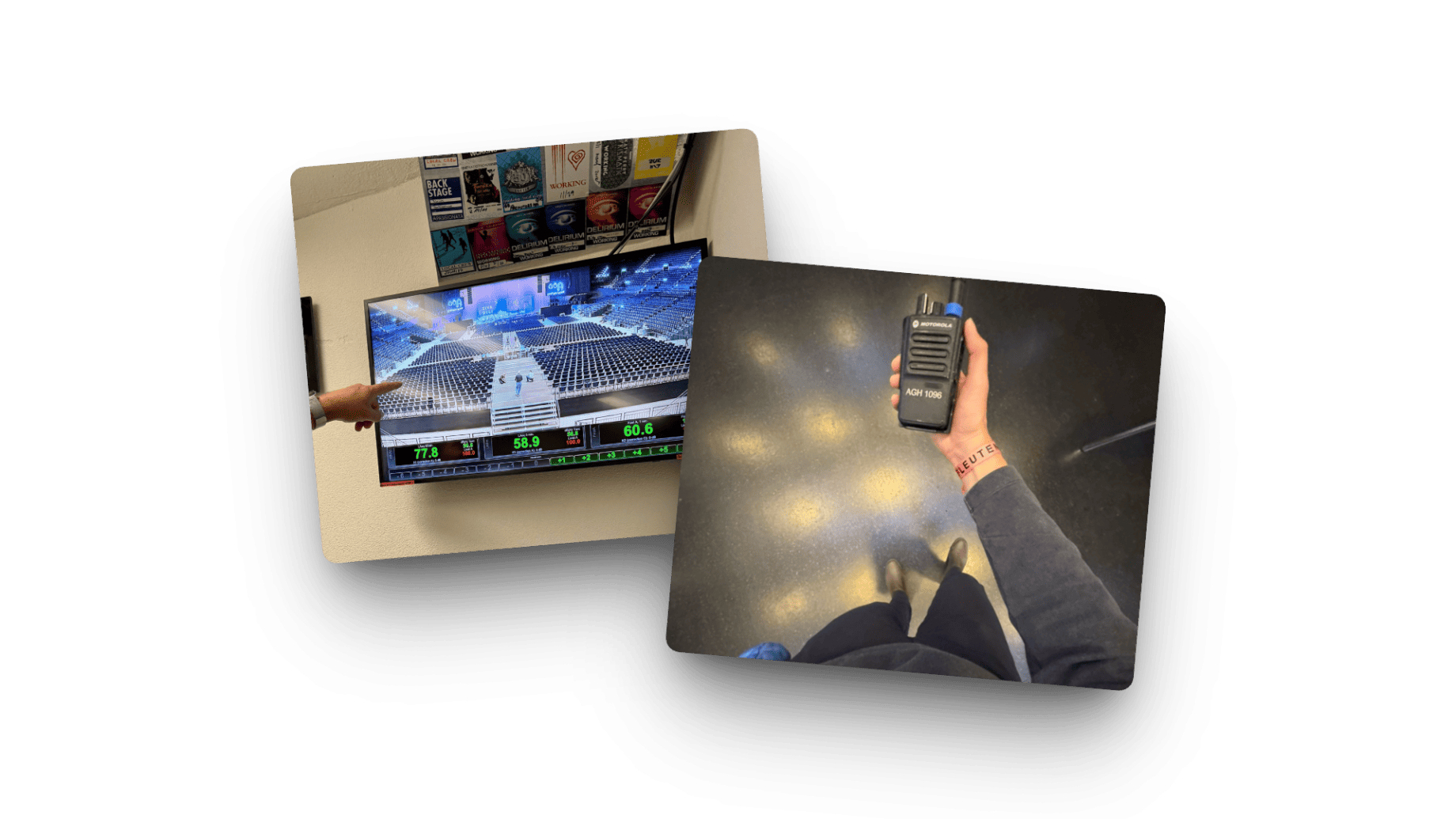 Zwei Bilder, links Backstage-Bereich im Hallenstadion mit Bildschirm zur Live-Überwachung von Einlass- und Besucherzahlen während eines Events.
rechts, Person hält ein Funkgerät in der Hand, aufgenommen aus der Perspektive der Einlasskoordination während eines Events.