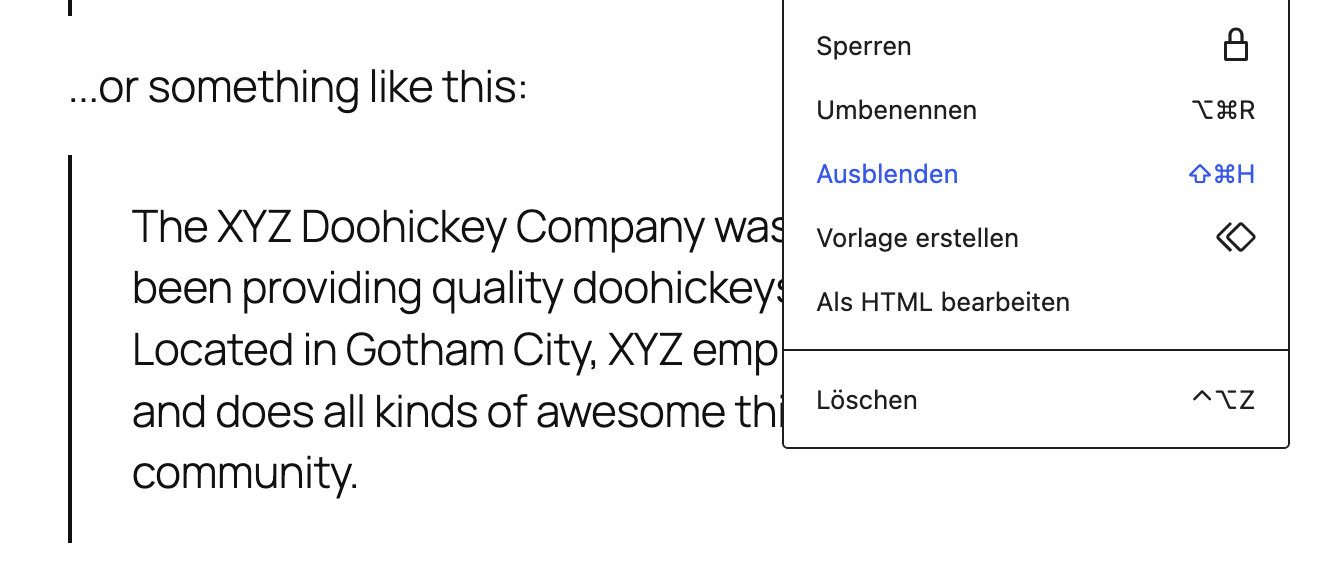 A screenshot of the WordPress Block Editor displaying the "Hide" option for blocks.