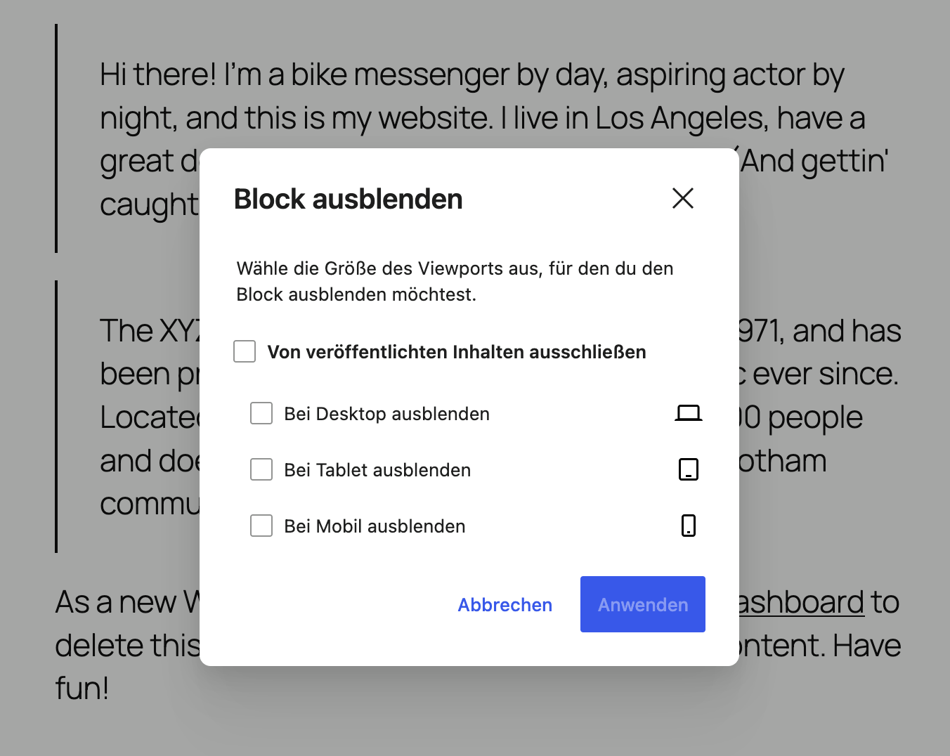 A screenshot of the WordPress Block Editor showing the "Hide Block" feature based on the viewport, for desktop, tablet and mobile.