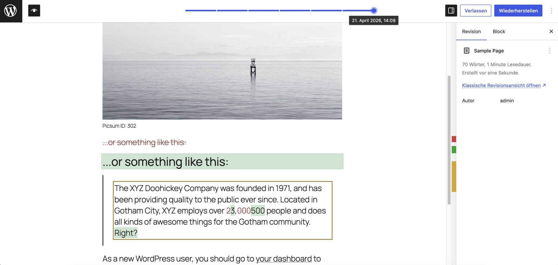 A screenshot of the new revisions view in WordPress 7.