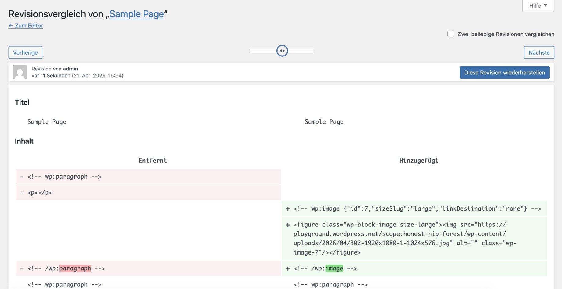 A screenshot of the old view for revisions in the WordPress Block Editor, prior to WordPress 7.